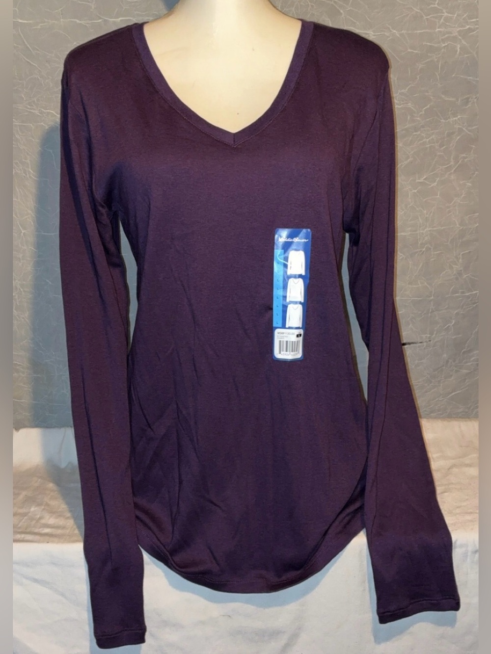 NWT Eddie Bauer Plum Long Sleeve V-Neck Tee Large Soft Modal Blend